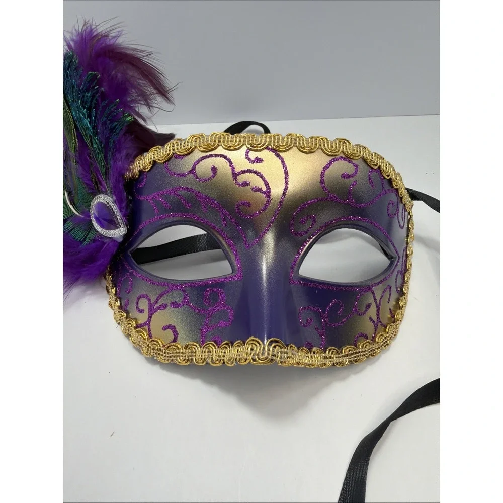Purple and Gold Venetian-style masquerade mask adorned with peacock feathers